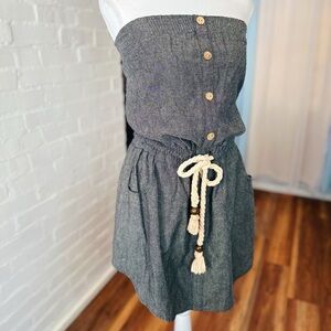 Red Berry Strapless Denim Dress with Rope Waist Tie